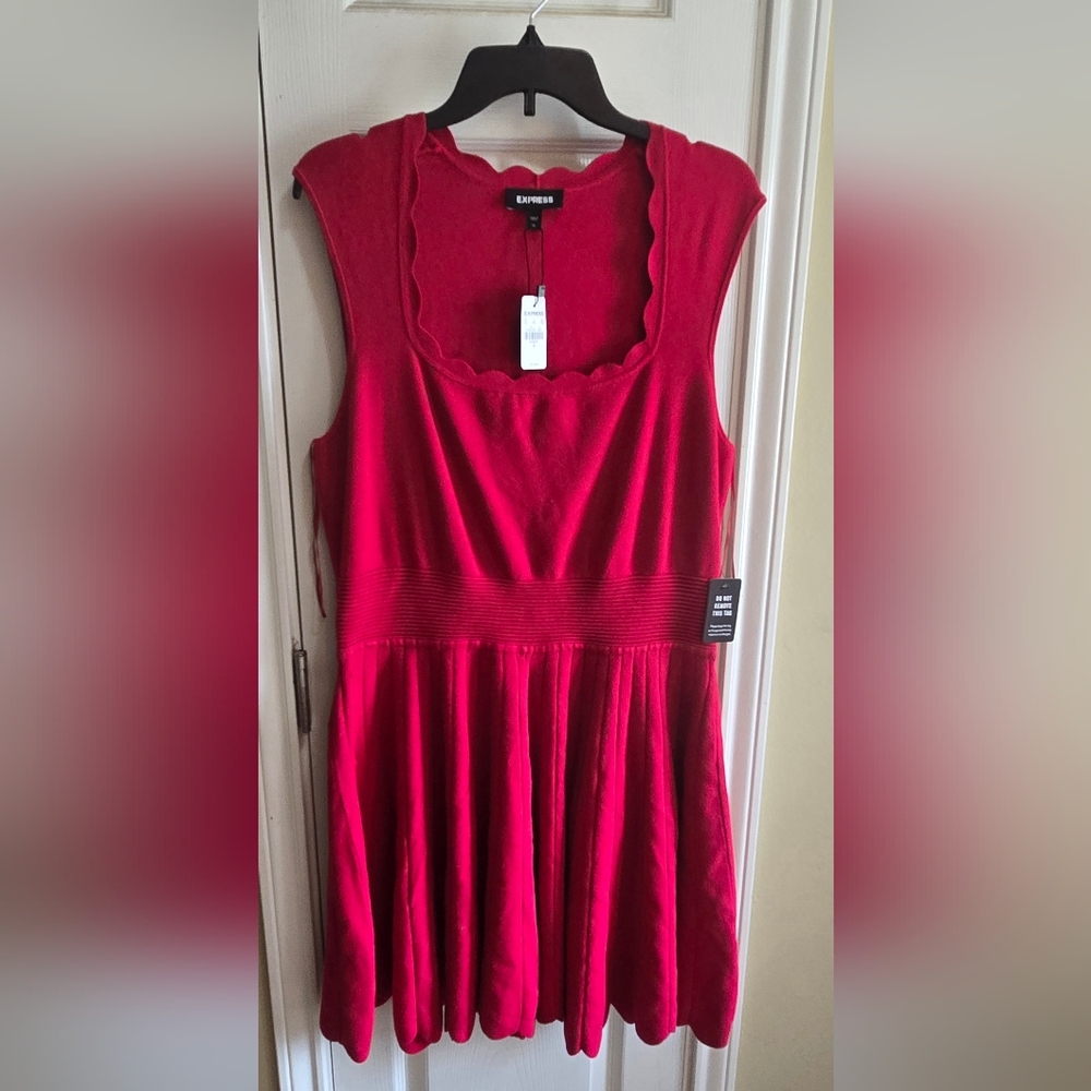 Express Red Scallop Neck Fit-and-Flare Dress - Picture 14 of 16